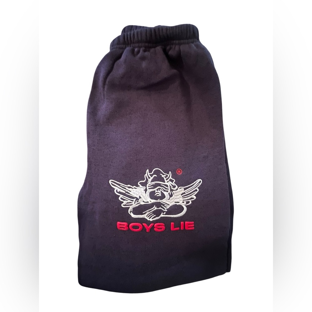 Boys Lie Black Track Pants with White Angel Embroidery & Red Logo